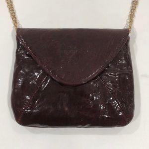 Lauren Merkin small patent leather mahogany brown crossbody + long chain EUC ✔️